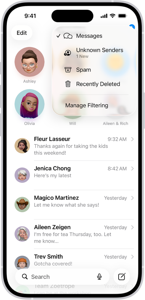 Screenshot ứng dụng Messages trên iPhone hiển thị menu lọc Unknown Senders và Spam