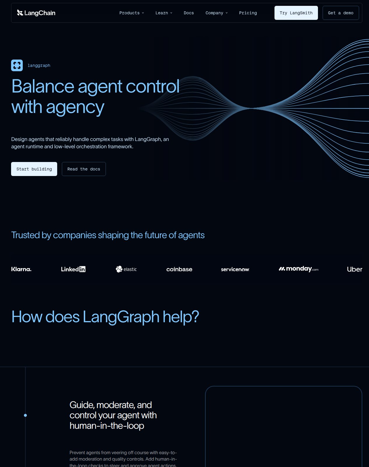 Trang chủ LangGraph giới thiệu framework điều phối agent với tiêu đề Balance agent control with agency