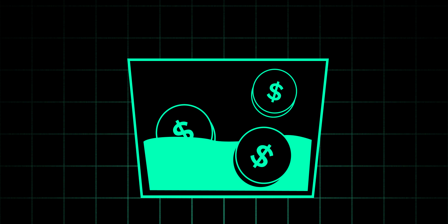 Minh họa liquidity pool với đồng xu nổi trong bể thanh khoản neon trên nền tối