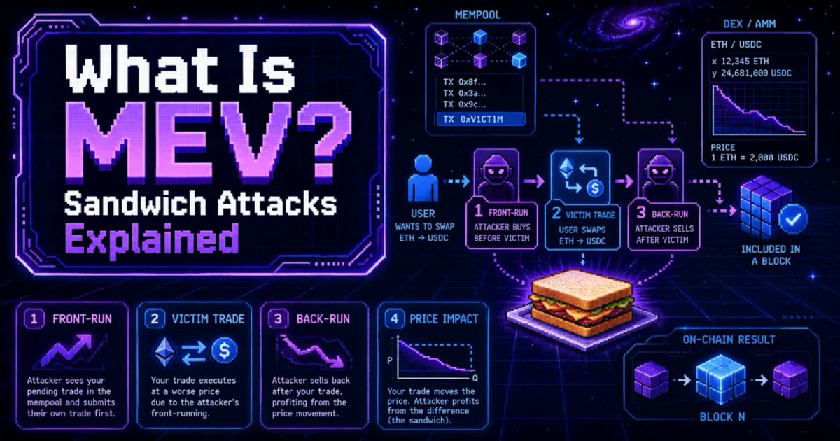Infographic giải thích sandwich attack trong crypto: front-run, giao dịch nạn nhân và back-run