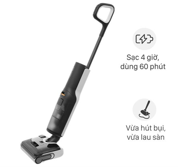 Máy hút bụi lau sàn Roborock F25 màu đen bạc dạng cây trên nền trắng