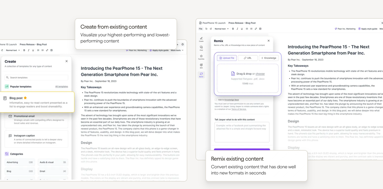 Giao diện Jasper AI tạo và remix nội dung marketing với template blog post
