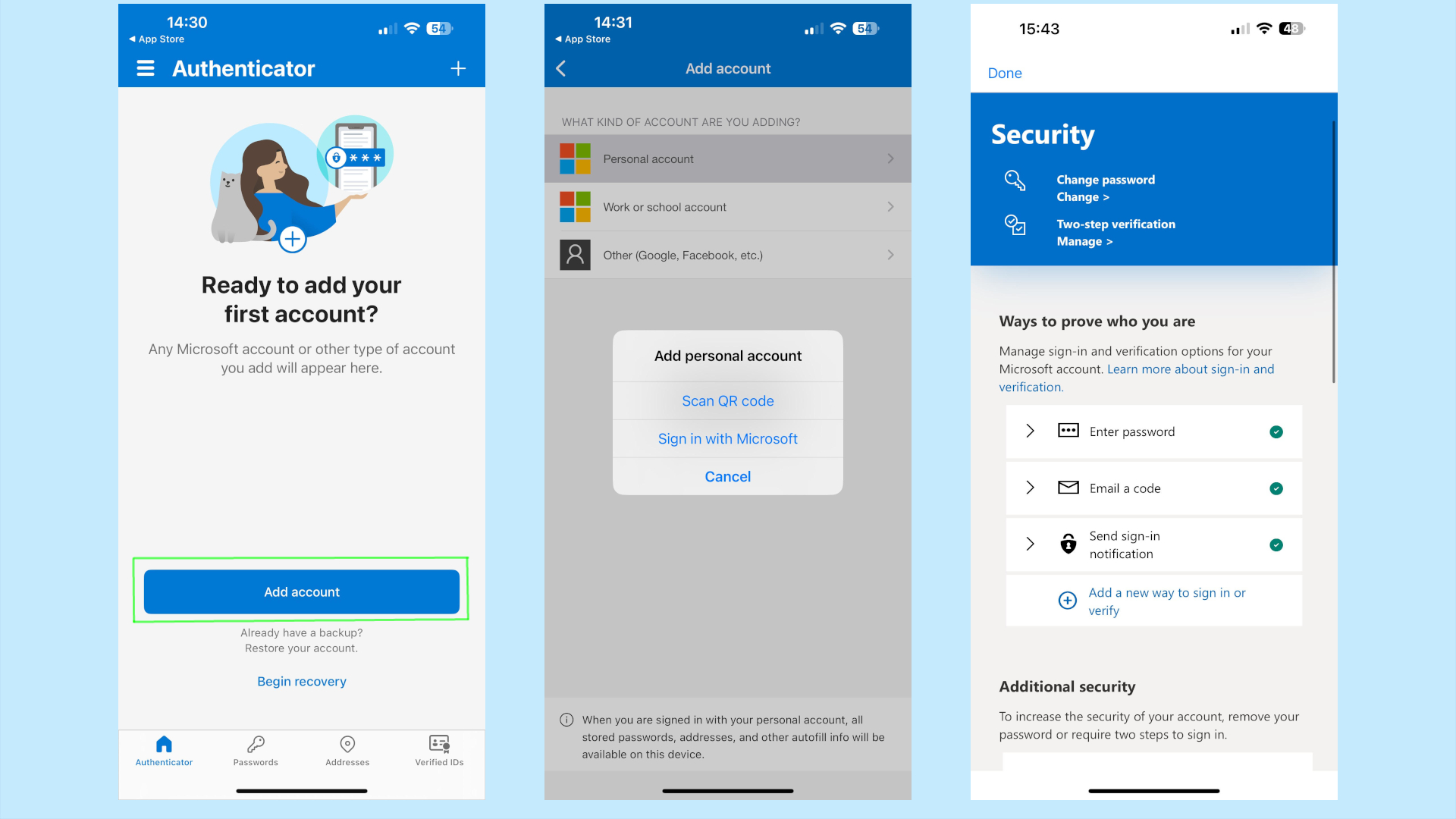 Ba màn hình ứng dụng Microsoft Authenticator hiển thị các bước thêm tài khoản và quét QR