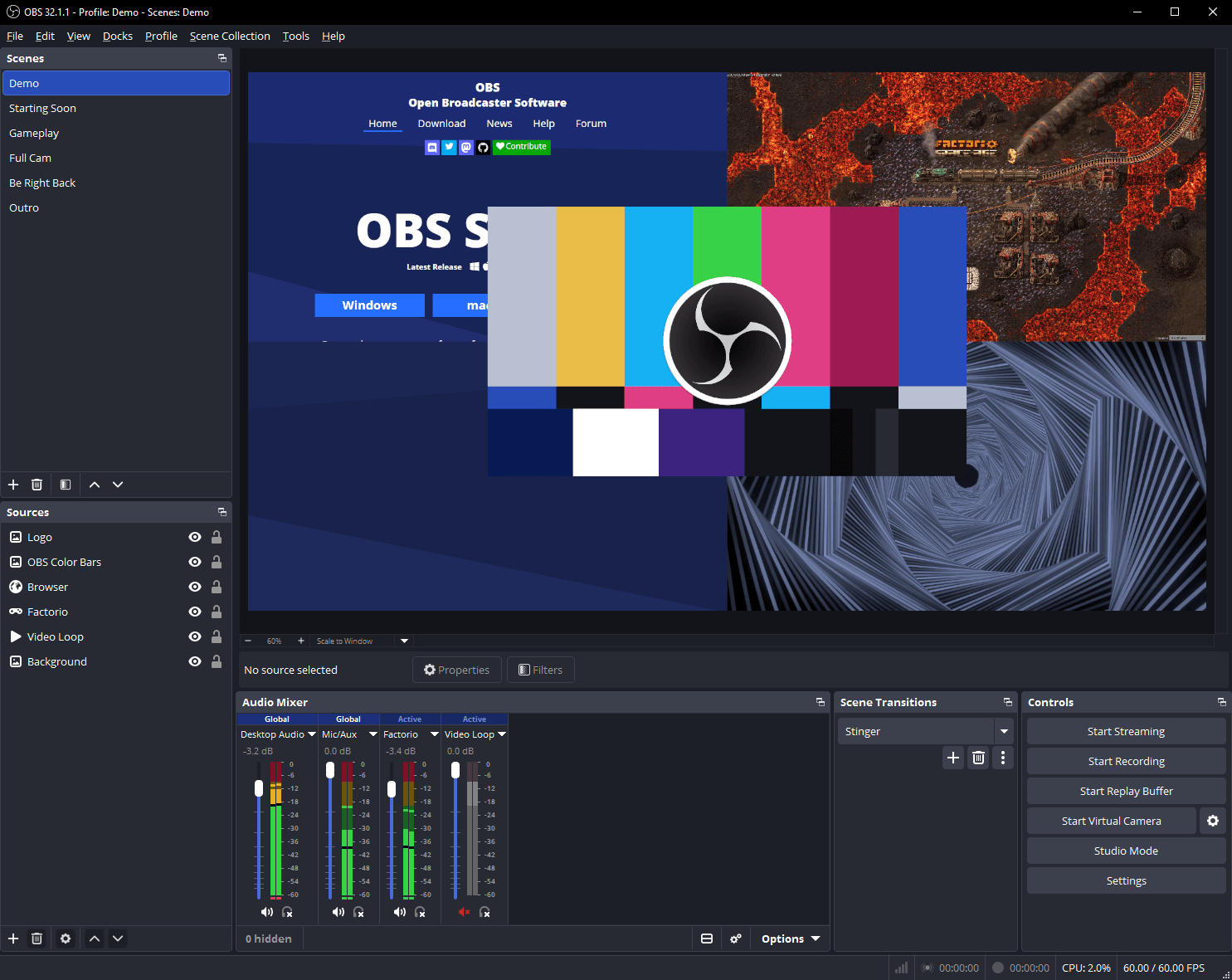 Giao diện chính của OBS Studio với Scenes, Sources, Audio Mixer và Preview
