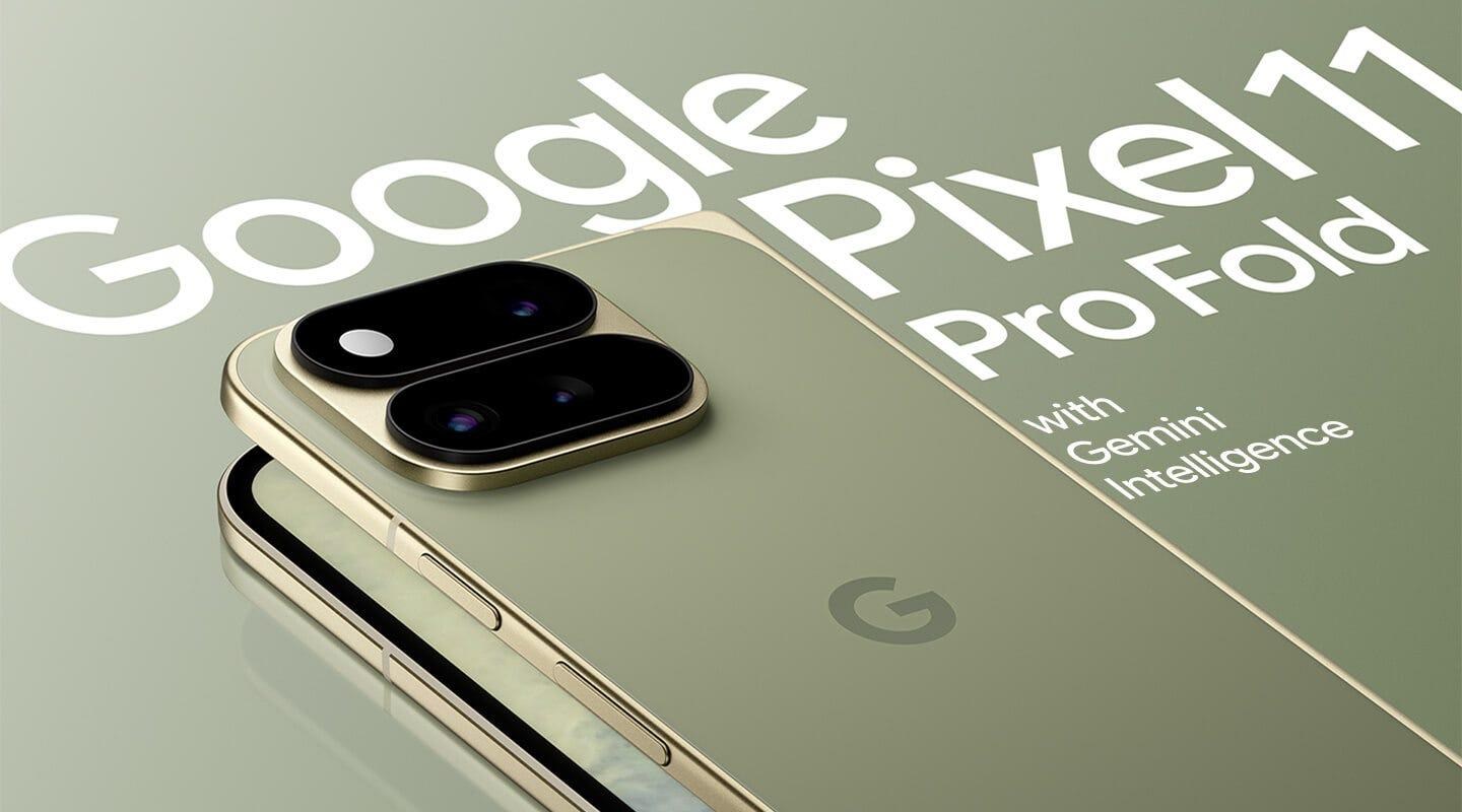 Anh render quang cao Pixel 11 Pro Fold voi camera bar mau den va dong chu Gemini Intelligence