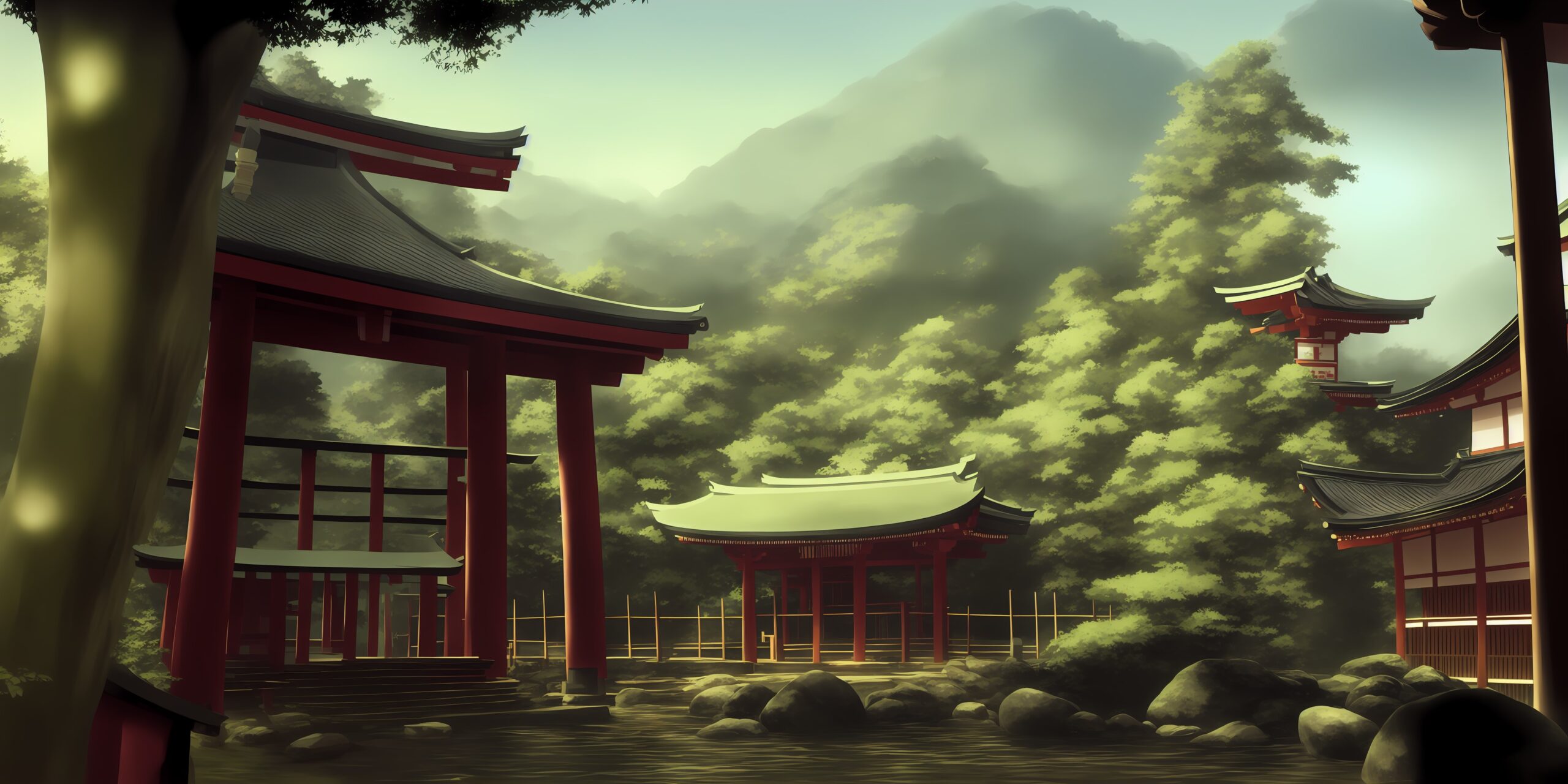 Cảnh rừng núi với đền thờ Shinto do AI tạo ra từ prompt mô tả chi tiết