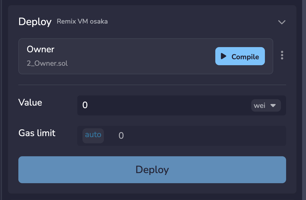 Giao dien tab Deploy trong Remix IDE chon hop dong Owner nút Compile va Deploy