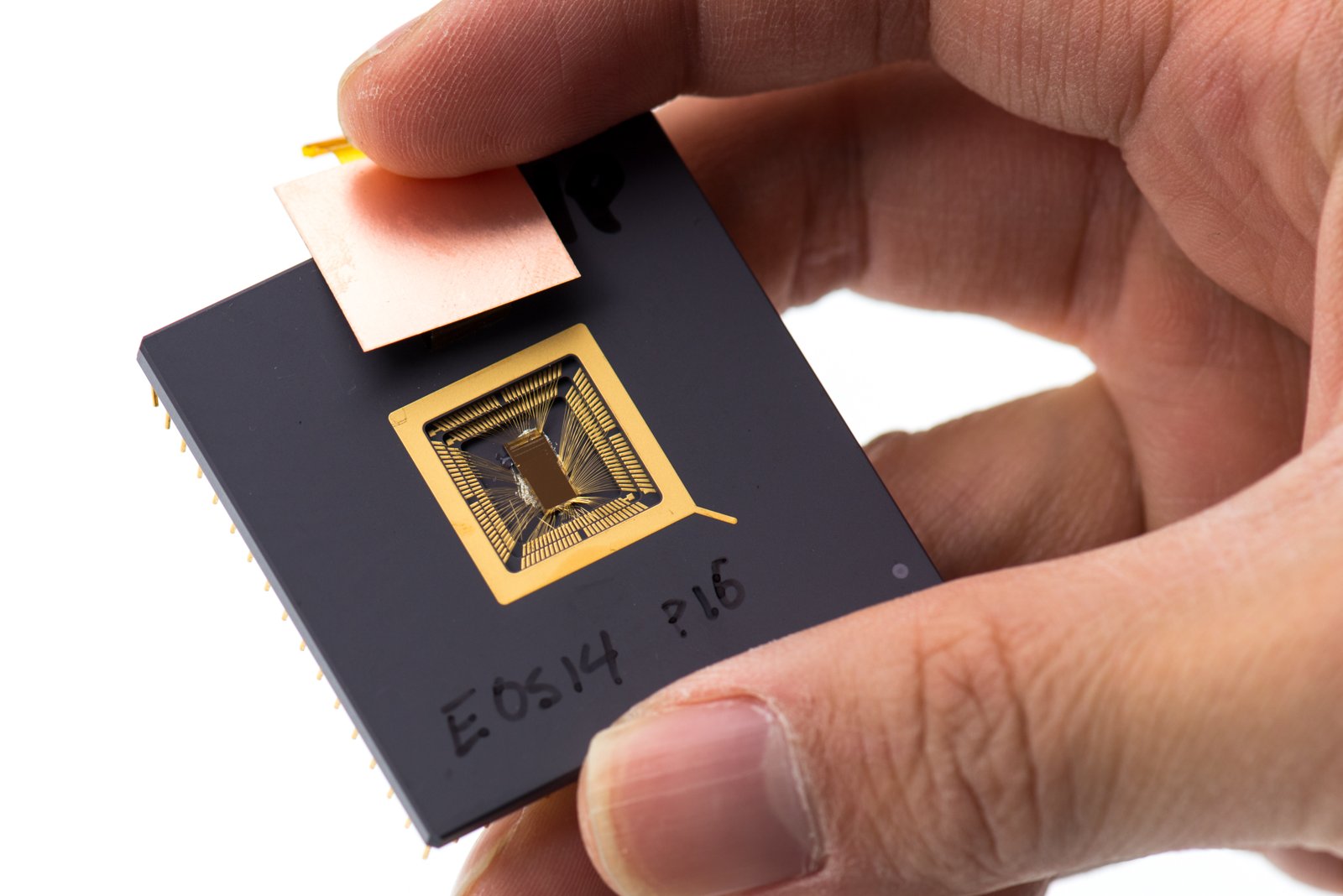 Yunsup Lee holding RISC-V prototype chip showing silicon die