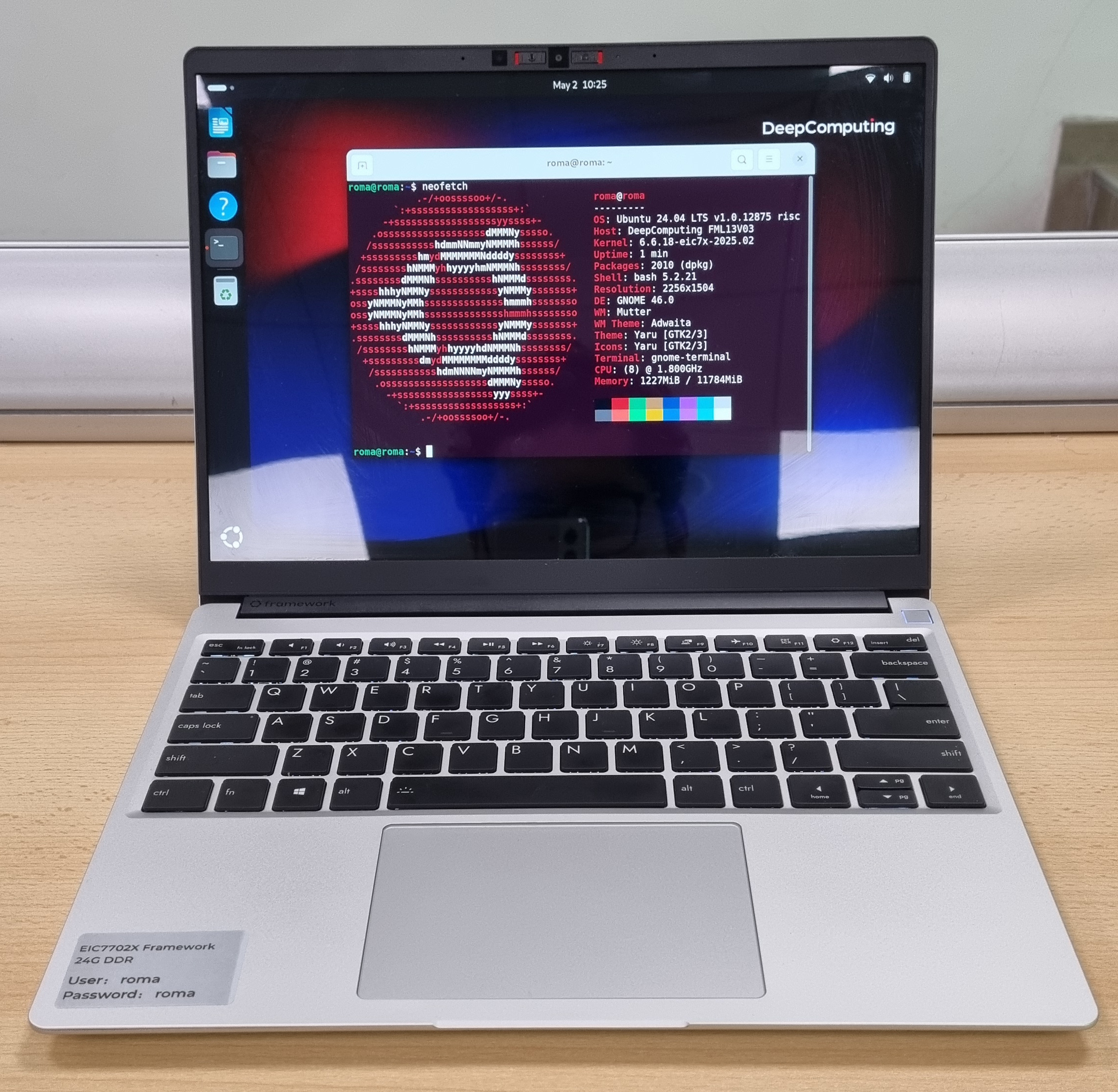 DC ROMA AI PC Framework Laptop 13 running RISC-V architecture