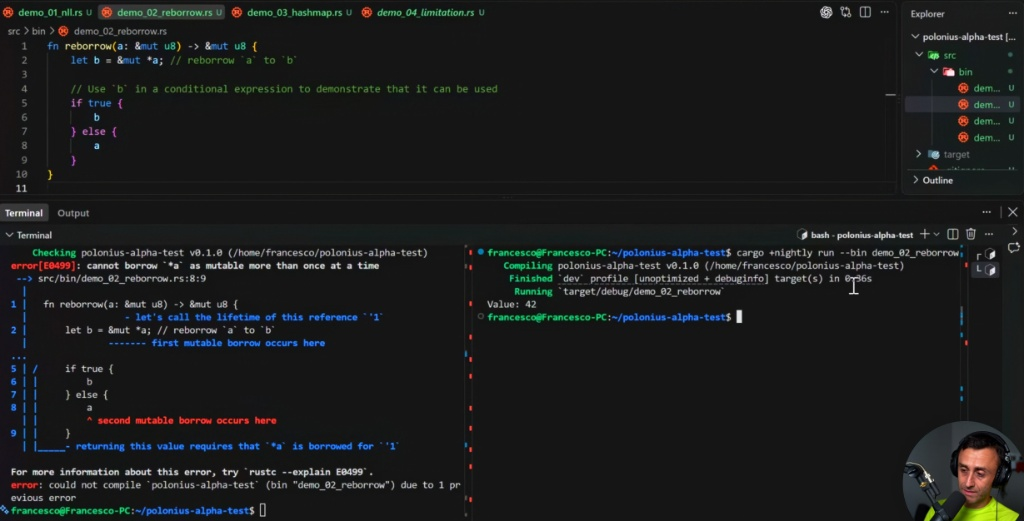 Man hinh Visual Studio Code hien thi ma Rust va loi borrow checker E0499 trong terminal