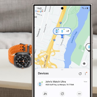 Điện thoại hiển thị ứng dụng Find My Device đang định vị đồng hồ thông minh nearby