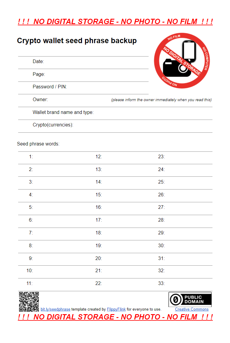Mẫu giấy ghi backup seed phrase 12 từ cho ví Web3