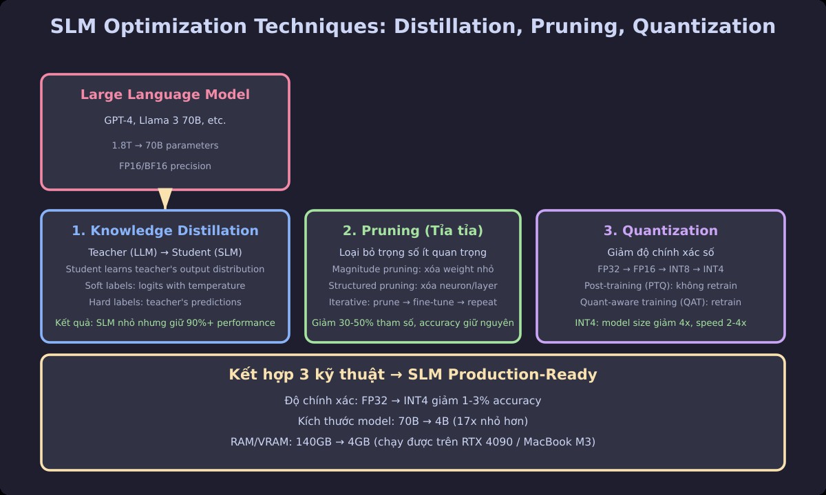 Kỹ thuật tối ưu SLM: Knowledge Distillation, Pruning, Quantization để giảm kích thước model