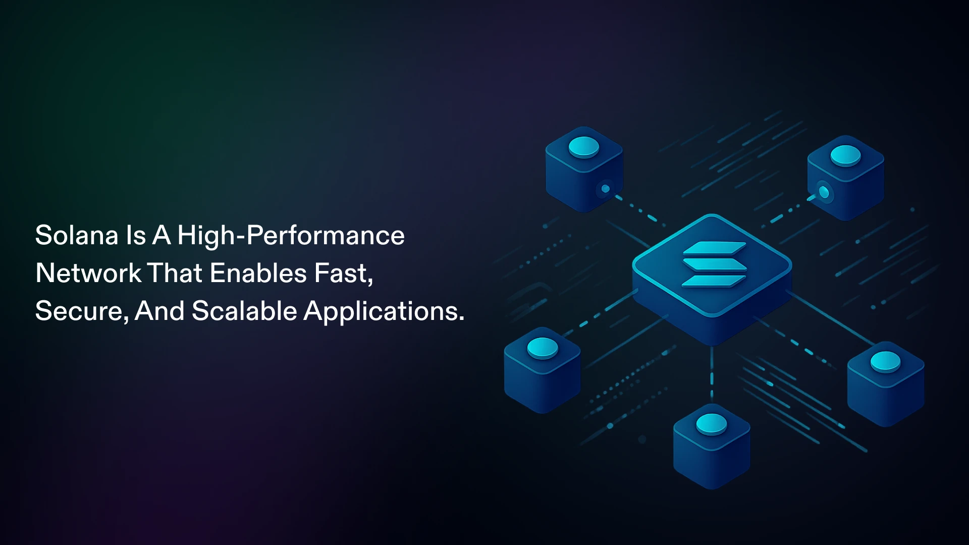 Minh họa mạng lưới Solana với khối lập phương trung tâm kết nối các node
