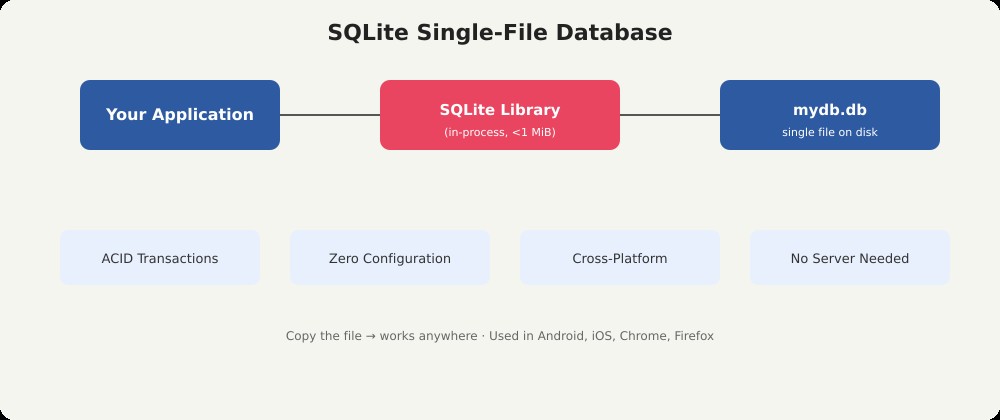 Sơ đồ kiến trúc SQLite single-file database: ứng dụng kết nối trực tiếp thư viện SQLite rồi ghi dữ liệu vào một file duy nhất