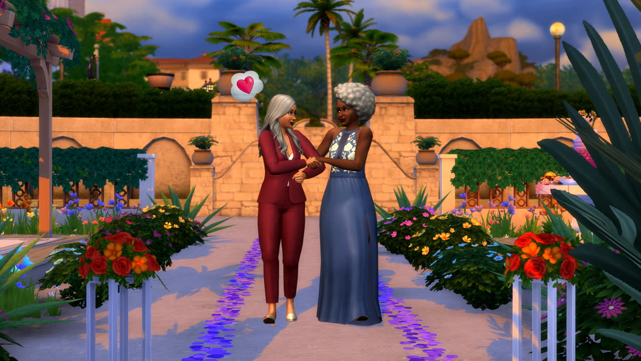 The Sims 4 screenshot với hai nhân vật nữ đi qua lối đám cưới
