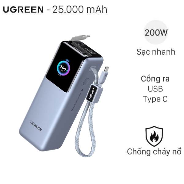 Pin sac du phong Ugreen 200W dung luong 25000mAh voi day USB-C