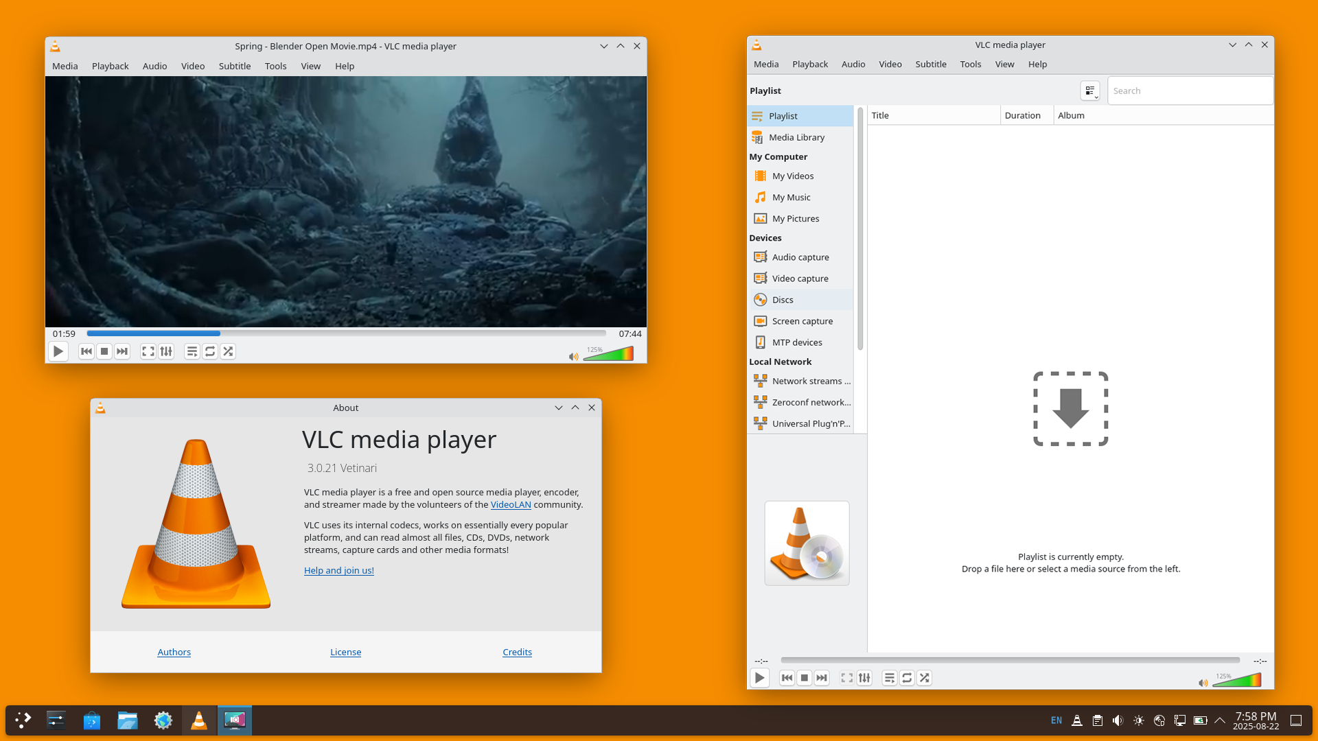 VLC 3.0 trên Linux đang phát video, cửa sổ About hiển thị logo nón giao thông