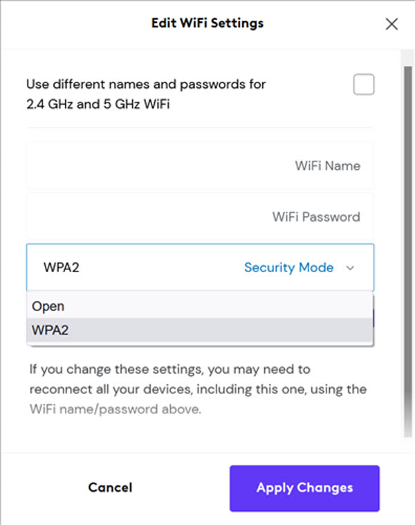 Giao diện chỉnh sửa cài đặt WiFi với chế độ bảo mật WPA2 trên router