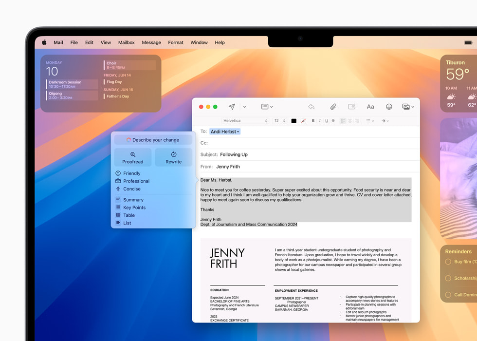 Giao diện Writing Tools của Apple Intelligence trong ứng dụng Mail trên macOS
