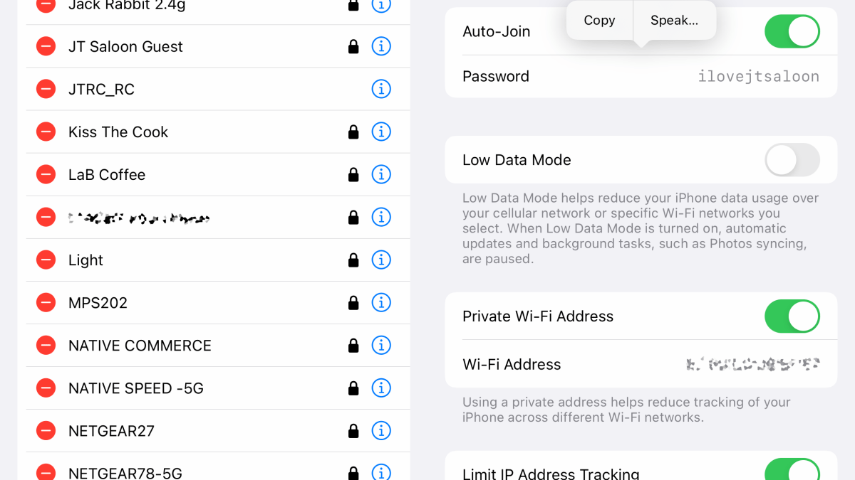 Màn hình iPhone hiển thị cài đặt WiFi với mật khẩu