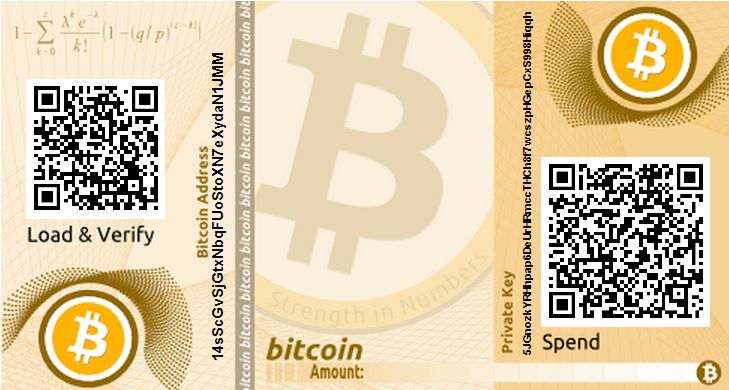 Ví giấy Bitcoin in ra gồm địa chỉ nhận và khóa riêng tư, minh hoạ khái niệm ví và khóa bảo vệ tài sản số