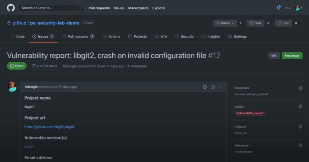 Screenshot of GitHub issue template for vulnerability reporting used by employees