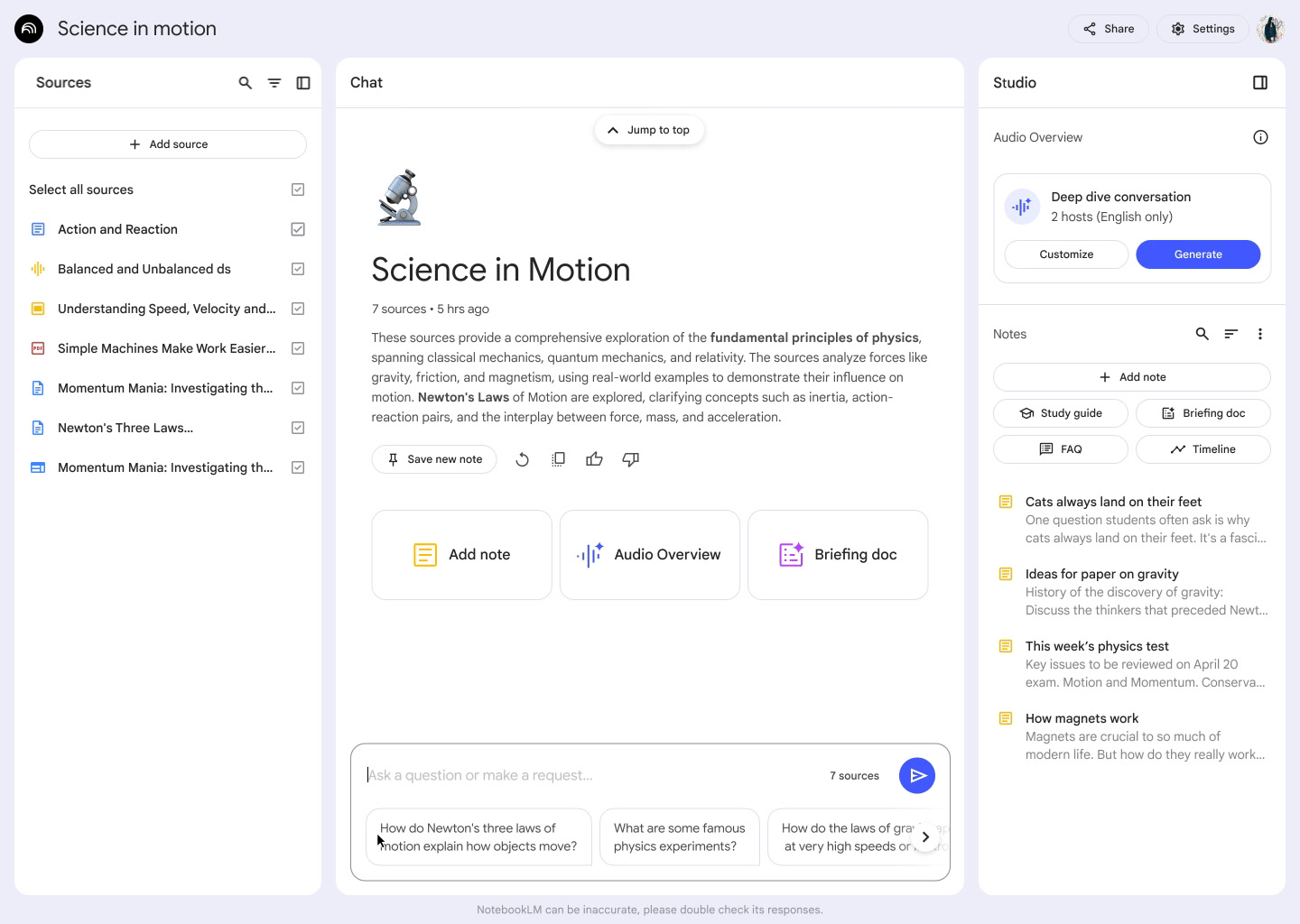 Giao diện Google NotebookLM với 3 panel: Sources, Chat, và tài liệu tham khảo