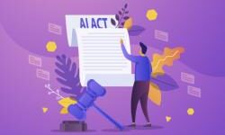 Minh họa Luật AI châu Âu (EU AI Act) với hình ảnh người chỉ hướng tài liệu và cái công