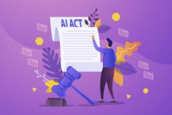 Minh họa Luật AI châu Âu (EU AI Act) với hình ảnh người chỉ hướng tài liệu và cái công