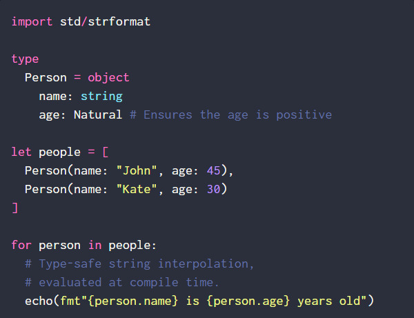 Nim code example showing syntax comparison with Python
