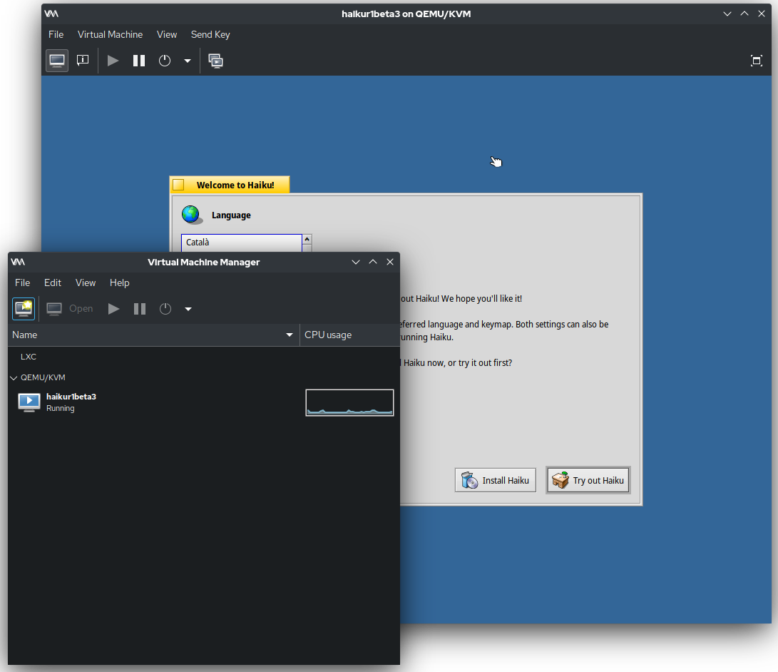 Virt-manager QEMU KVM running Haiku Beta 3: virtual machine environment