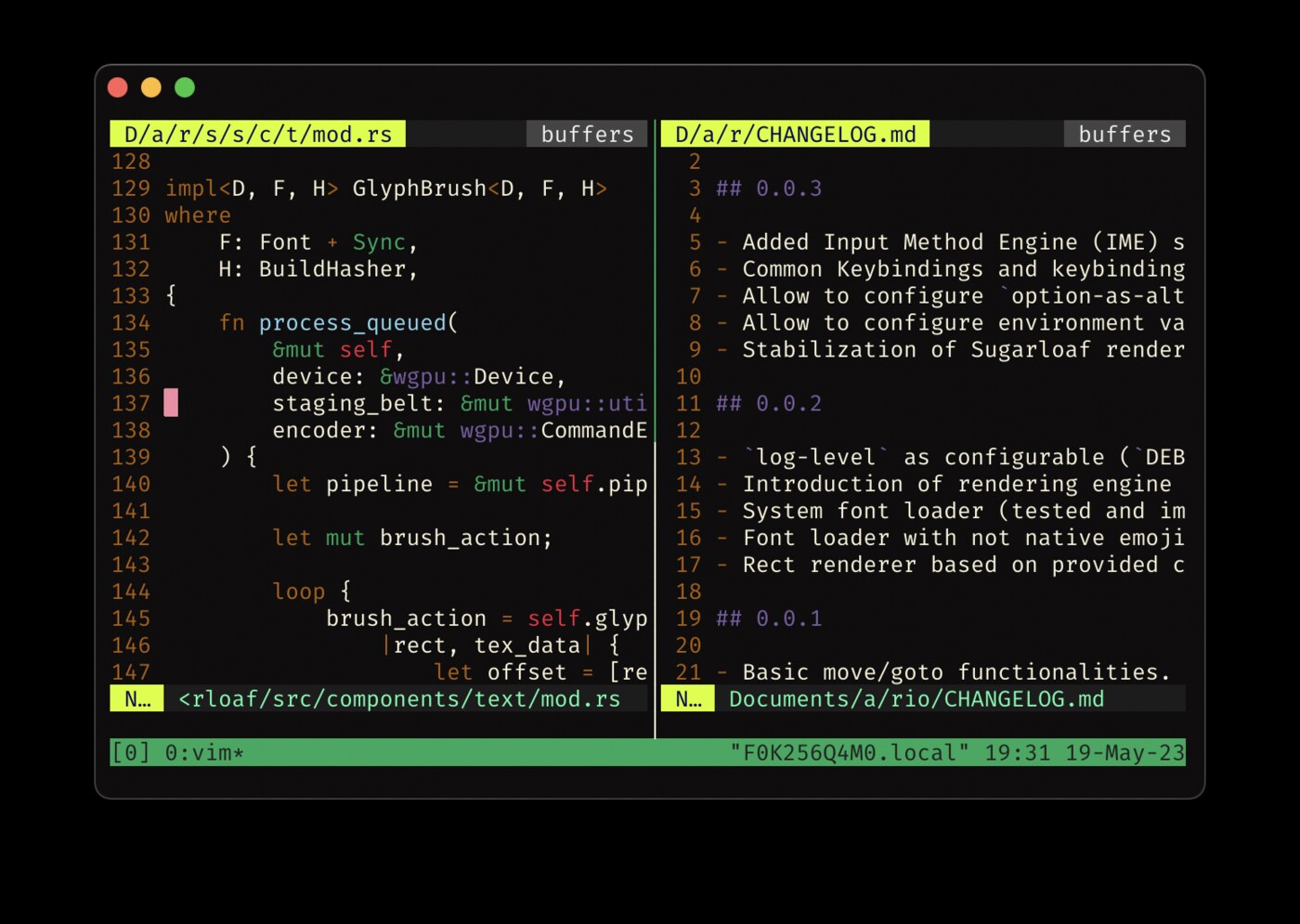 Màn hình tmux với nhiều khung chia và cửa sổ