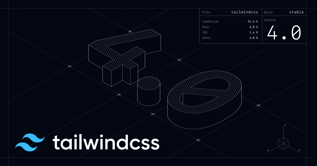 Hình ảnh minh họa Tailwind CSS v4: isometric 4.0, code snippets, Rust 6%, TypeScript 91%, engine Oxide trên blueprint grid