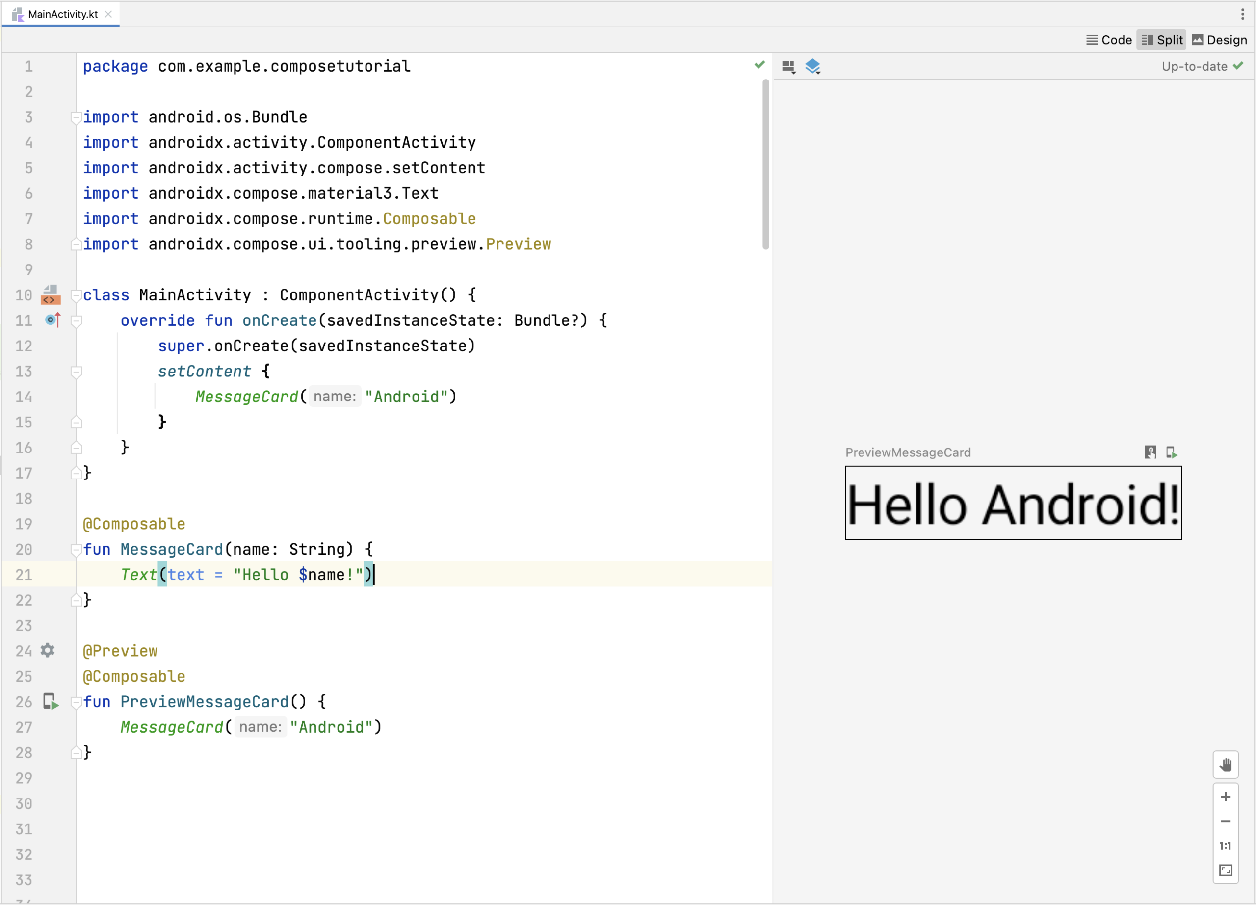 Màn hình Android Studio hiển thị Jetpack Compose Preview