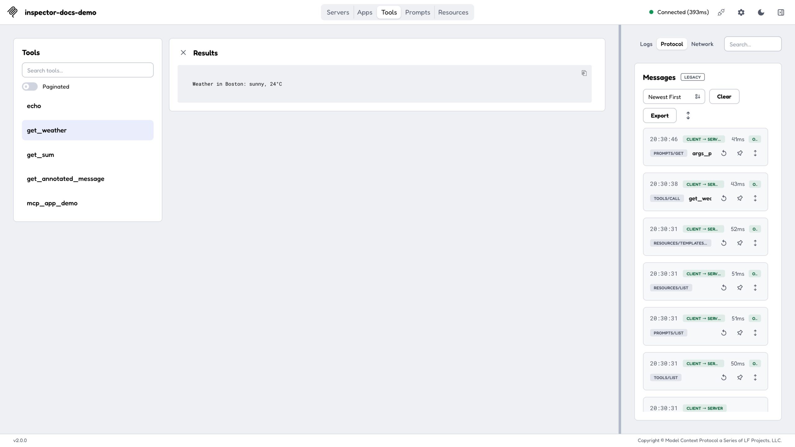Giao diện MCP Inspector web client kết nối với server, hiển thị thanh bên giám sát traffic protocol