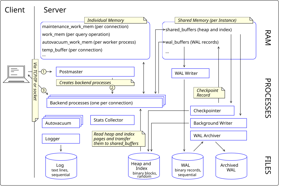 PostgreSQL server architecture diagram showing memory allocation and process structure