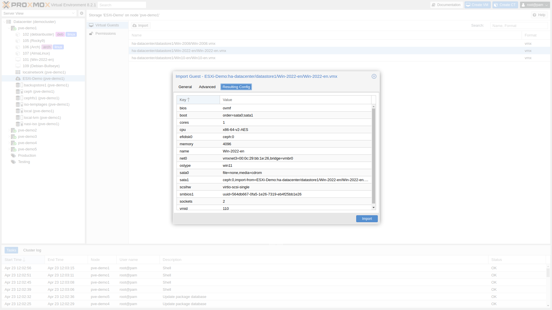 Giao diện Import VMware ESXi VM vào Proxmox VE 8.2