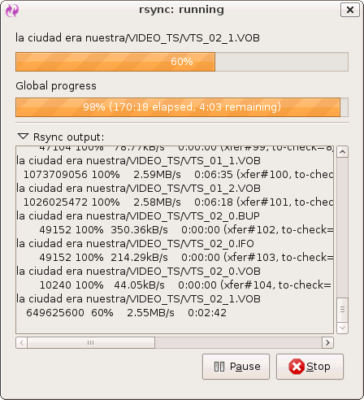 Screenshot lệnh rsync chạy từ Grsync GUI với danh sách tệp