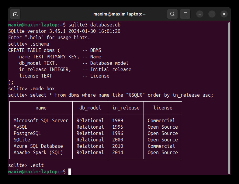 Màn hình dòng lệnh sqlite3 shell hiển thị kết quả truy vấn và kiểm tra chế độ nhật ký WAL