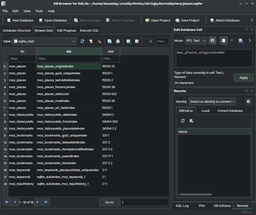 Giao diện SQLite Browser hiển thị cấu trúc bảng và nội dung dữ liệu
