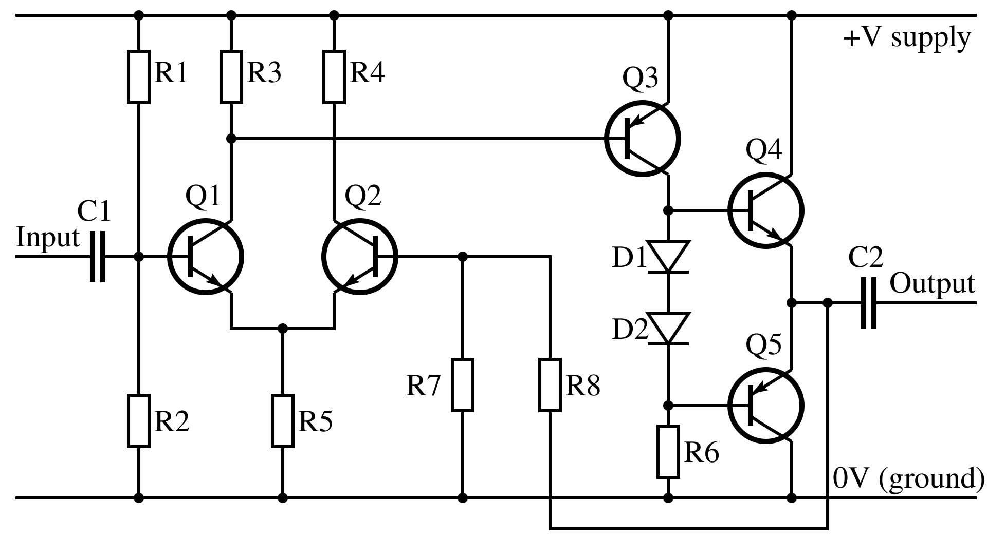 Sơ đồ mạch điện của một tầng khuếch đại công suất dùng transistor cùng điện trở, tụ điện và nguồn cấp