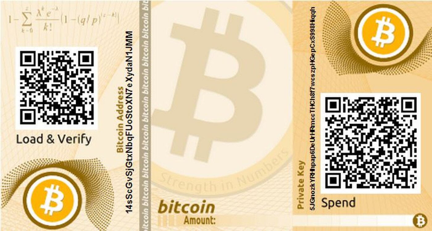 Ví giấy Bitcoin in địa chỉ ở một bên và khóa riêng ở bên kia