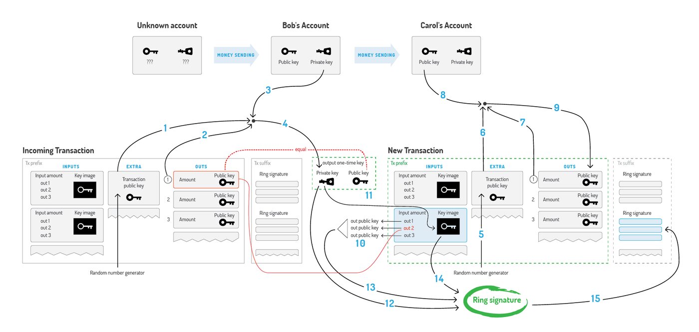 Sơ đồ nguyên lý giao dịch CryptoNote với đầu ra thật trộn lẫn các đầu ra mồi