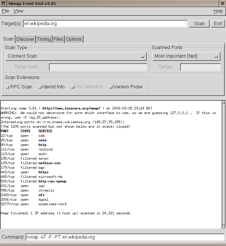 giao diện chính Nmap hiển thị các cột Scan Type, Scanned Ports và Options khi quét dải IP