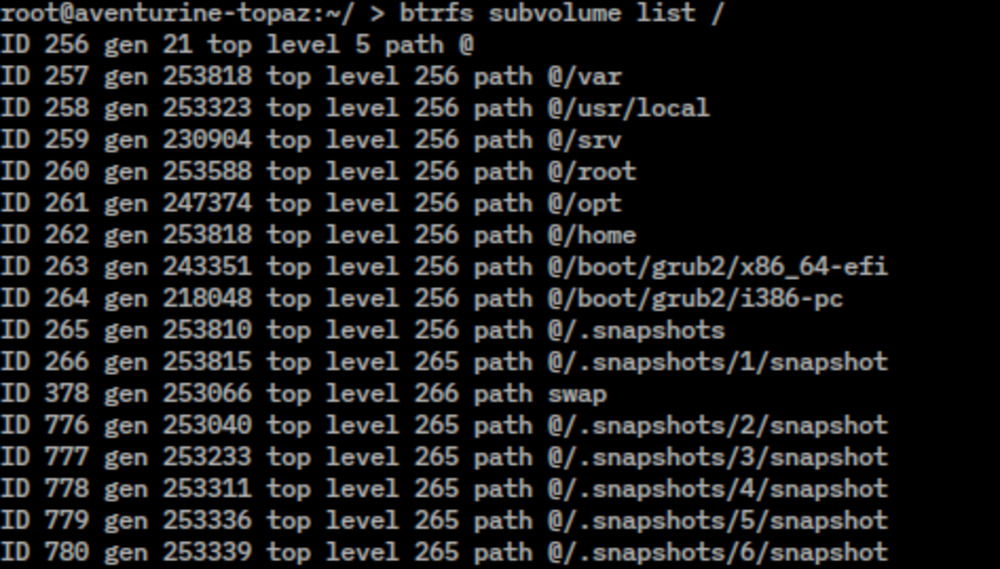 Danh sách subvolume Btrfs hiển thị cây thư mục phân cấp cùng các bản snapshot có ID và mức độ dữ liệu