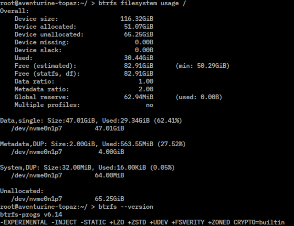 Kết quả lệnh btrfs filesystem usage cho thấy kích thước thiết bị, dung lượng đã phân bổ và tỷ lệ dữ liệu trên metadata