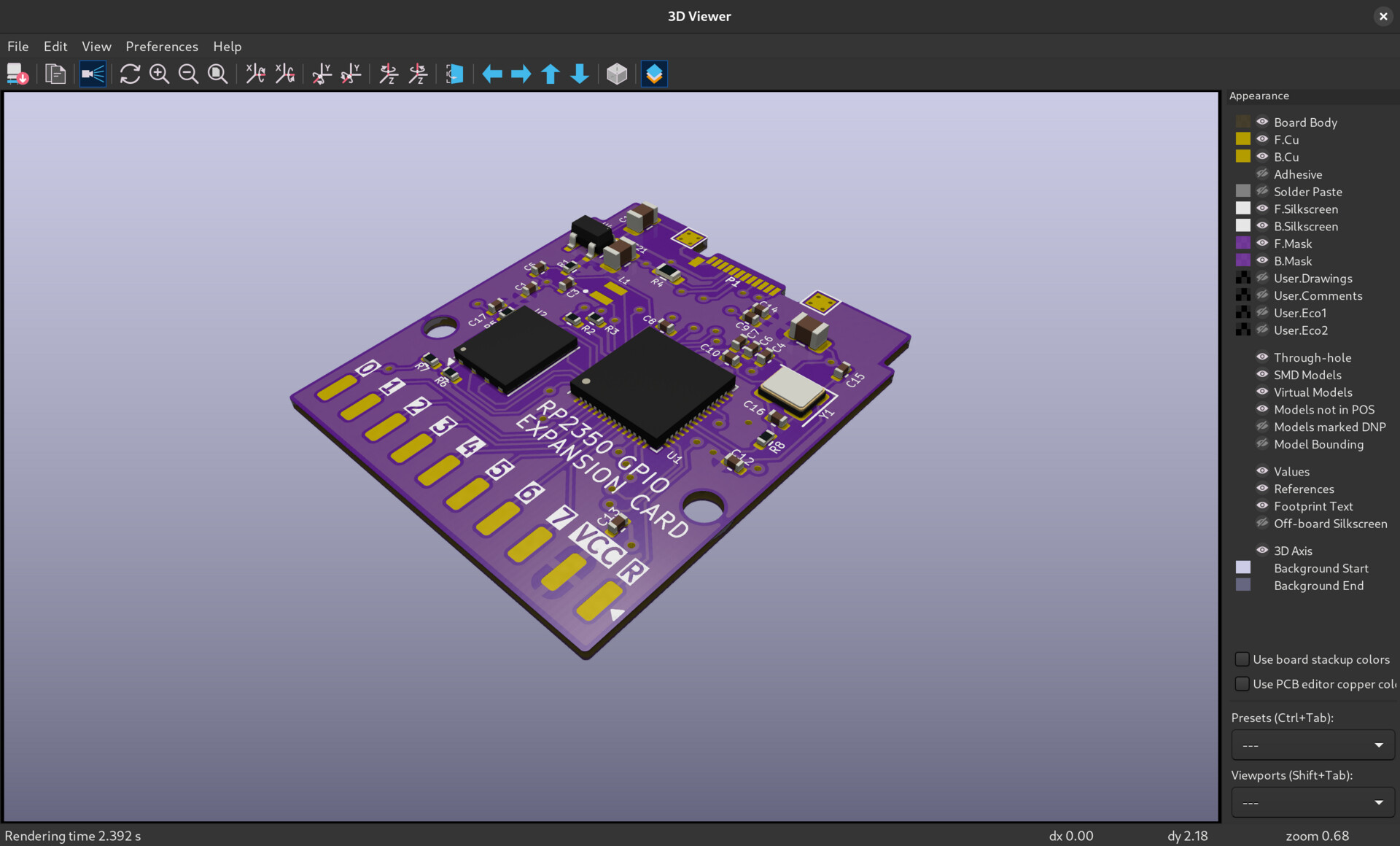 KiCad 3D Viewer hiển thị mô hình 3D bo mạch mở rộng