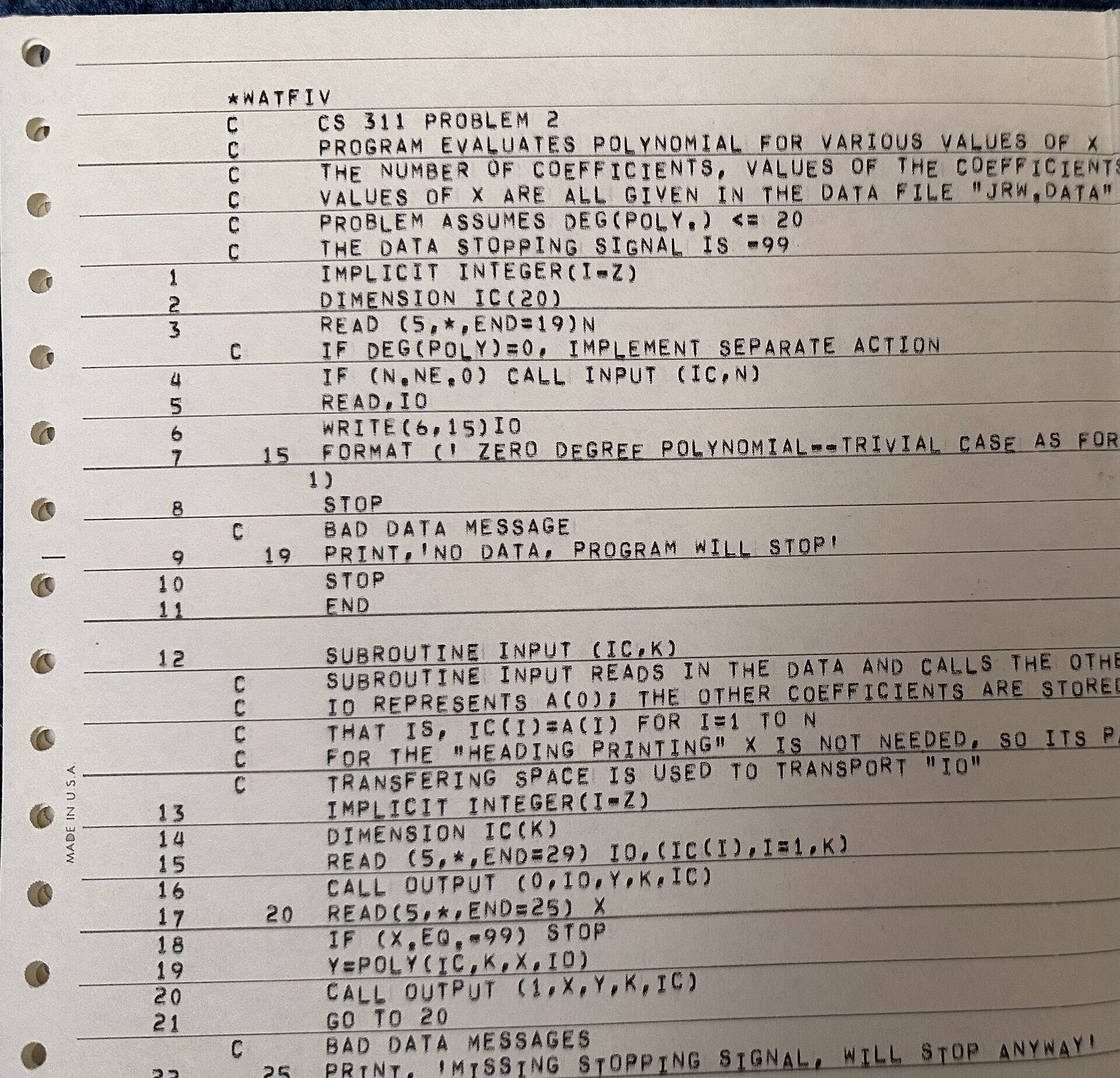 Trang source listing chương trình FORTRAN IV dùng hệ WATFIV in trên giấy