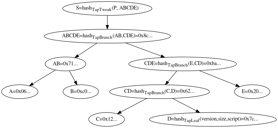 Sơ đồ cấu trúc cây Merkle của Taproot với khóa nội bộ P và các lá script tạo ra khóa gốc Q